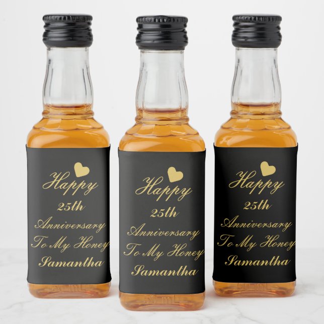 Elegant Black Gold Script 25th Happy Anniversary   Liquor Bottle Label (Bottles)