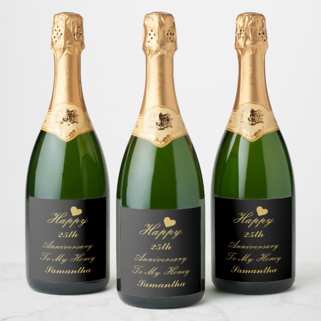 Elegant Black Gold Script 25th Happy Anniversary   Sparkling Wine Label (Bottles)