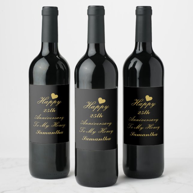 Elegant Black Gold Script 25th Happy Anniversary   Wine Label (Bottles)