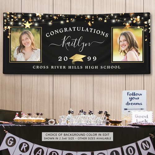 Elegant Black Gold Script 2 Photo Graduation Banner