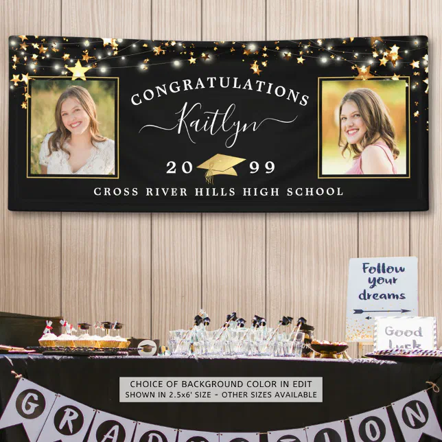 Elegant Black Gold Script 2 Photo Graduation Banner | Zazzle
