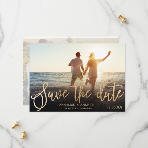 Elegant black gold script 2 photos save the date