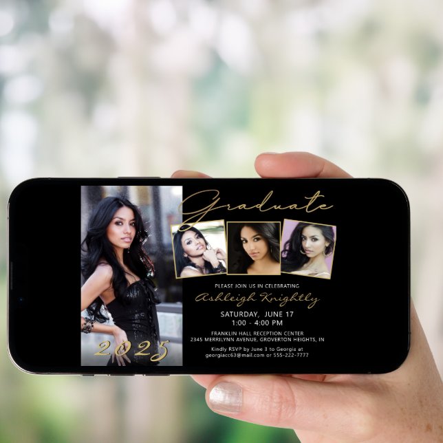 Elegant Black Gold Script 4 Photo Graduate Invitation (Front Digital)