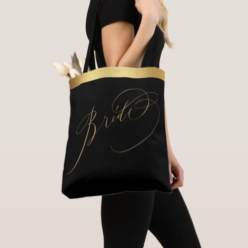 Elegant Black Gold Script Bride Wedding Tote Bag