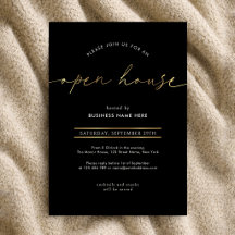 Elegant Black & Gold Script Business Open House