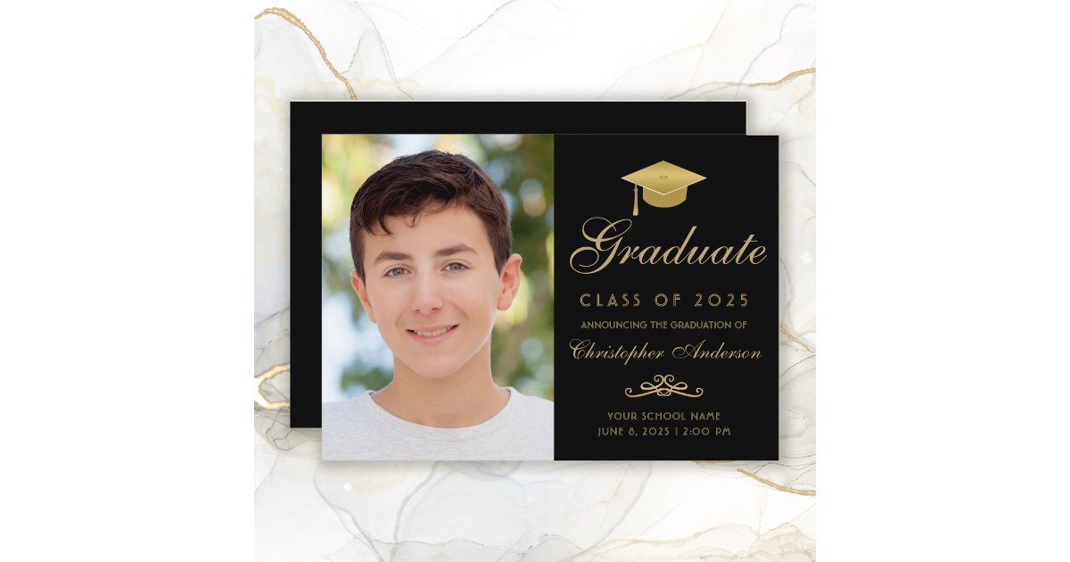 Elegant Black Gold Script Cap Photo Graduation Announcement | Zazzle