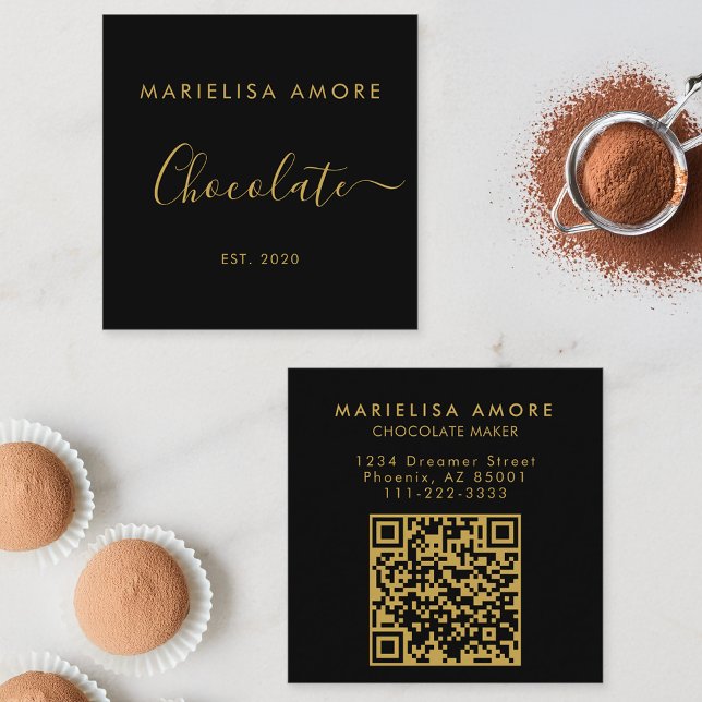 Elegant Black Gold Script Chocolate Qr Code Square Business Card (Creator Uploaded)