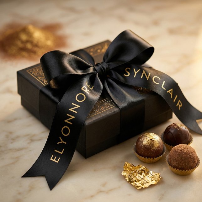 Elegant Black Gold Script Chocolate Satin Ribbon (Creator Uploaded)