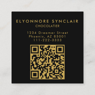 Elegant Black Gold Script Chocolatier Photo QrCode Square Business Card