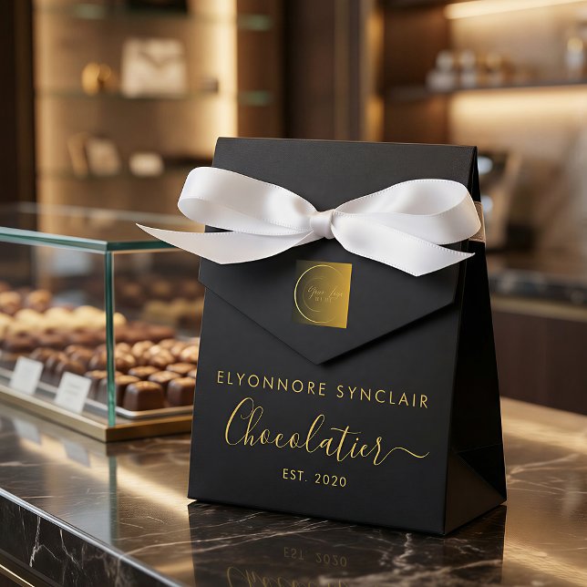 Elegant Black Gold Script Chocolatier Qr Code Favor Boxes (Creator Uploaded)