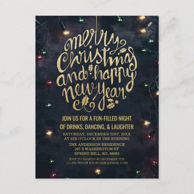 Elegant Black Gold Script Christmas New Year Party Postcard (Front)