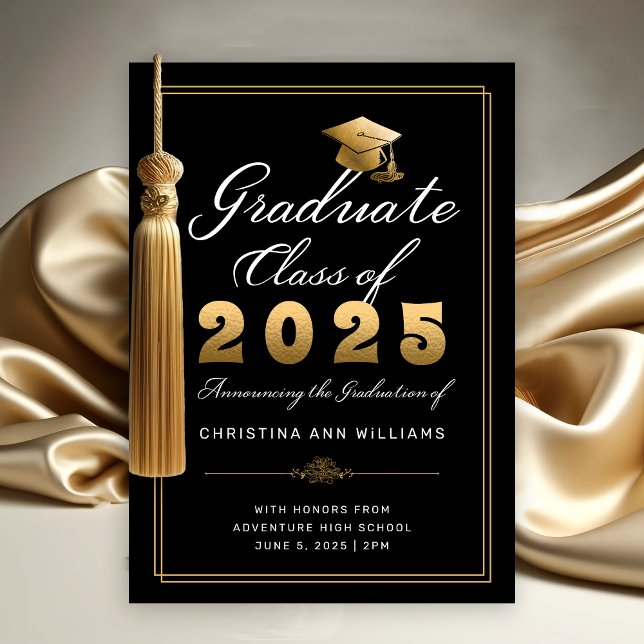 Elegant Black Gold Script Class of 2025 Graduation Announcement (Elegant Gold White Script on Black with thin gold frame Graduation Announcement)