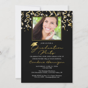 Elegant Black Gold Script Confetti Graduate Invita Invitation