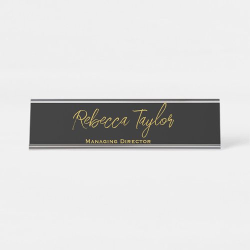 Elegant Black  Gold Script   Desk Name Plate