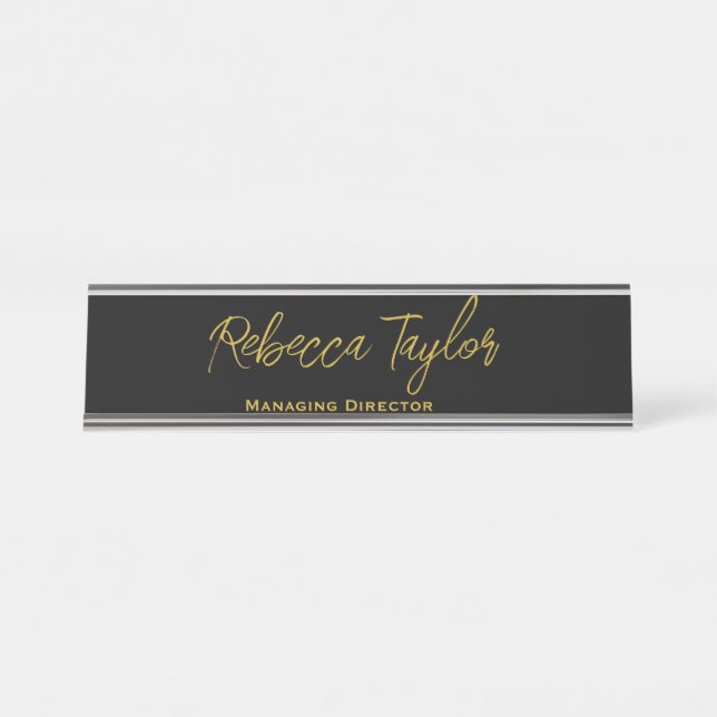 Elegant Black & Gold Script   Desk Name Plate (Front)
