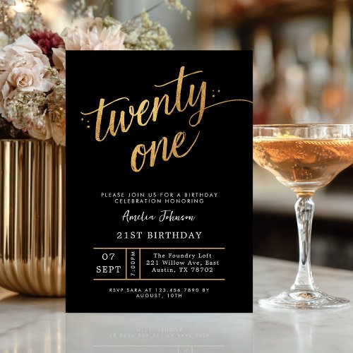 Elegant Black & Gold Script Eighteen 21st Birthday