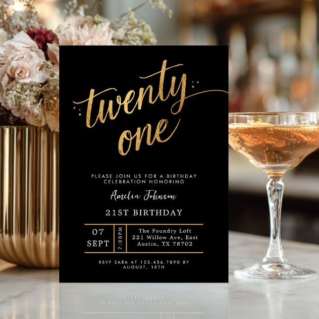 Elegant Black & Gold Script Eighteen 21st Birthday Invitation (Creator Uploaded)