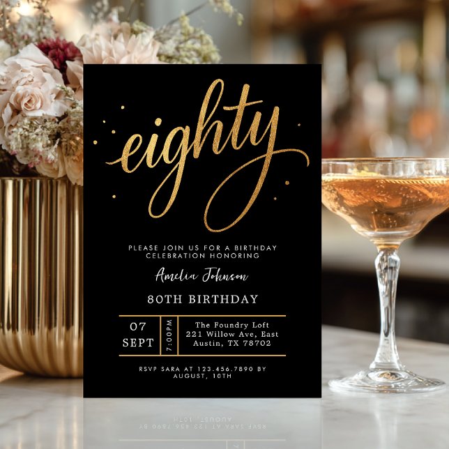 Elegant Black & Gold Script Eighty 80th Birthday Invitation (Celebrate eighty in elegant style with this luxurious black and gold invitation.)