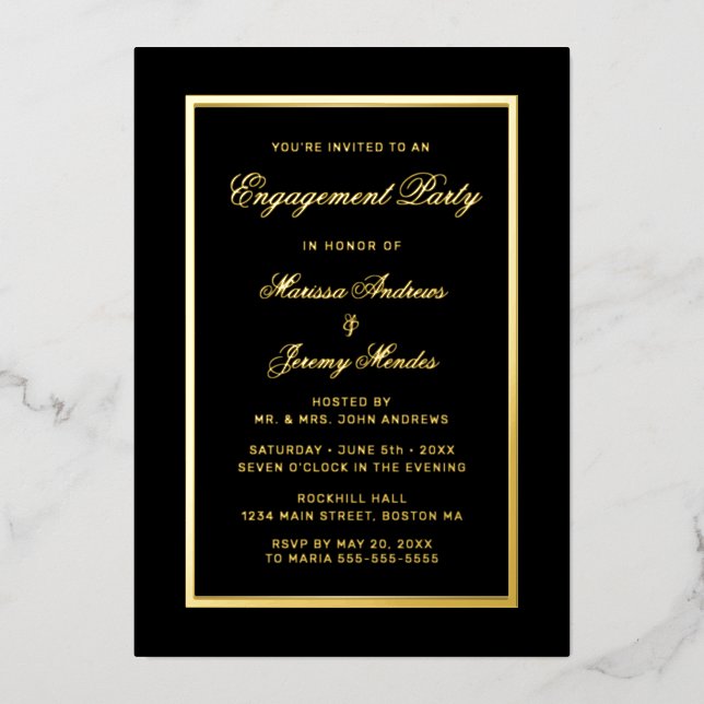Elegant Black Gold Script Engagement Party Foil Invitation (Front)