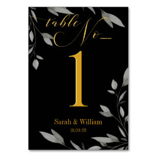 Elegant Black Gold Script Eucalyptus Leaves Table Number
