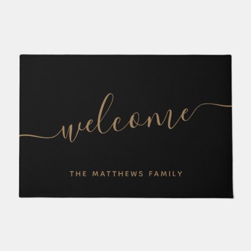 Elegant Black Gold Script Family Name Welcome Doormat