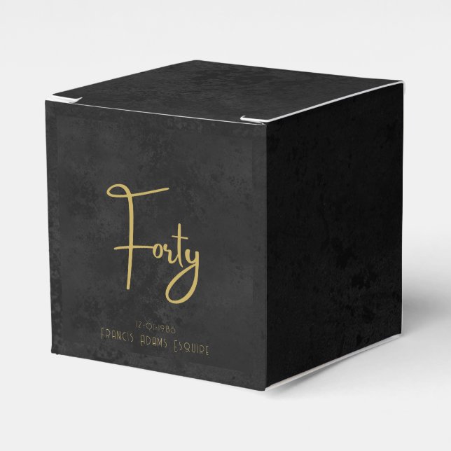 Elegant Black & Gold Script Forty Modern Birthday Favor Boxes (Front Side)