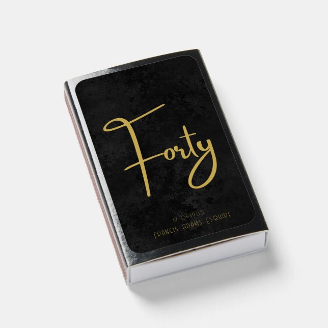 Elegant Black & Gold Script Forty Modern Birthday Matchboxes (Front Closed)