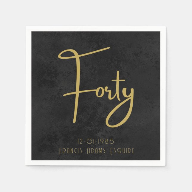 Elegant Black & Gold Script Forty Modern Birthday Napkins (Front)