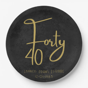 Elegant Black & Gold Script Forty Modern Birthday Paper Plates