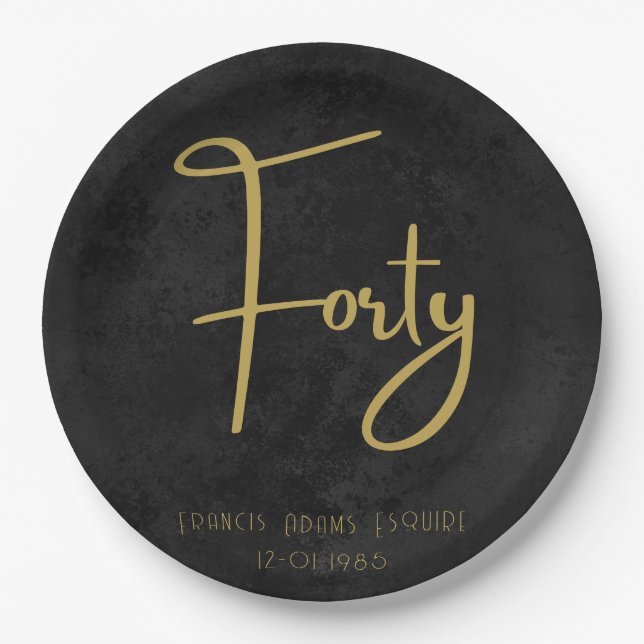 Elegant Black & Gold Script Forty Modern Birthday Paper Plates (Front)