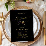 Elegant Black Gold Script Holiday Christmas Party Invitation<br><div class="desc">Modern Chic Calligraphy Script Minimalist Black and Gold Christmas Party Invitations is perfect for a simple Christmas event. Features an elegant „Christmas Party” text in a beautiful hand lettered swirly swash-tail font script in black and gold. Easy to personalize with your name and party details.</div>