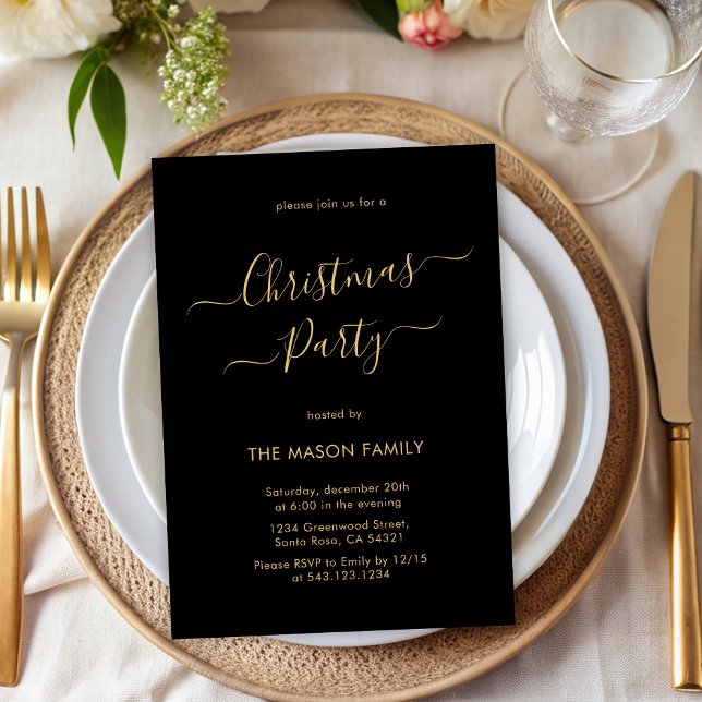 Elegant Black Gold Script Holiday Christmas Party Invitation (Creator Uploaded)