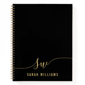 Elegant Black Gold Script Initial Monogram  Notebook