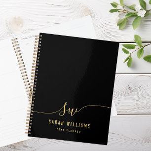 Elegant Black Gold Script Initial Monogram Planner