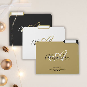 Elegant Black Gold Script Initial Name Monogram File Folder