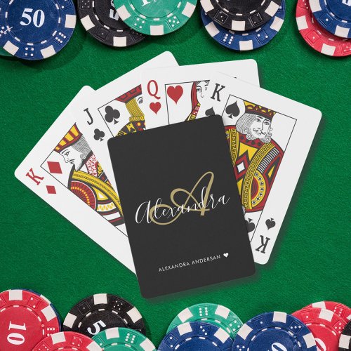 Elegant Black Gold Script Initial Name Monogram  Poker Cards