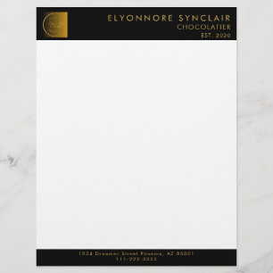 Elegant Black Gold Script Logo Chocolatier Letterhead