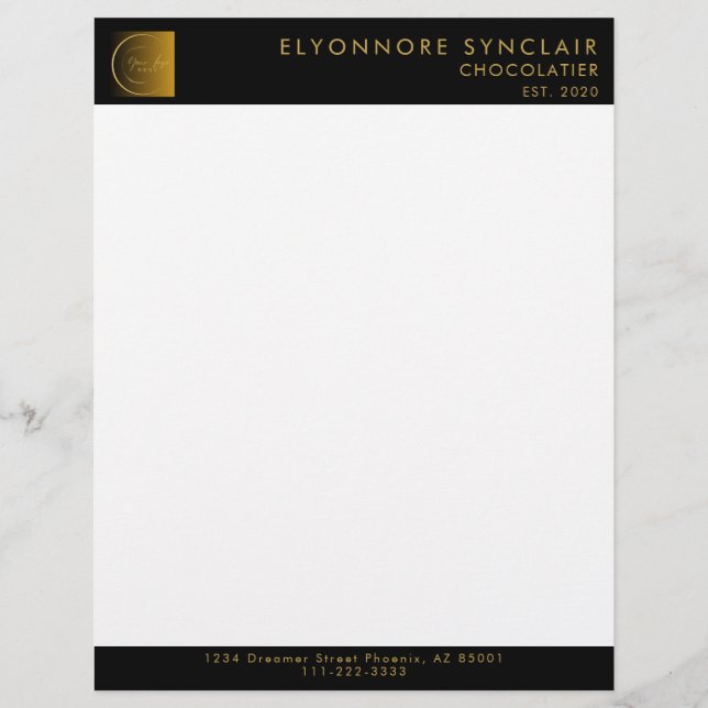 Elegant Black Gold Script Logo Chocolatier  Letterhead (Front)