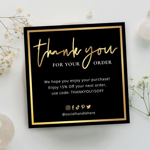 Elegant Black  Gold Script Logo Thank You Order Note Card