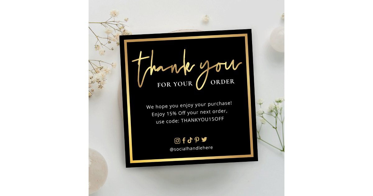 Elegant Black & Gold Script Logo Thank You Order Note Card | Zazzle