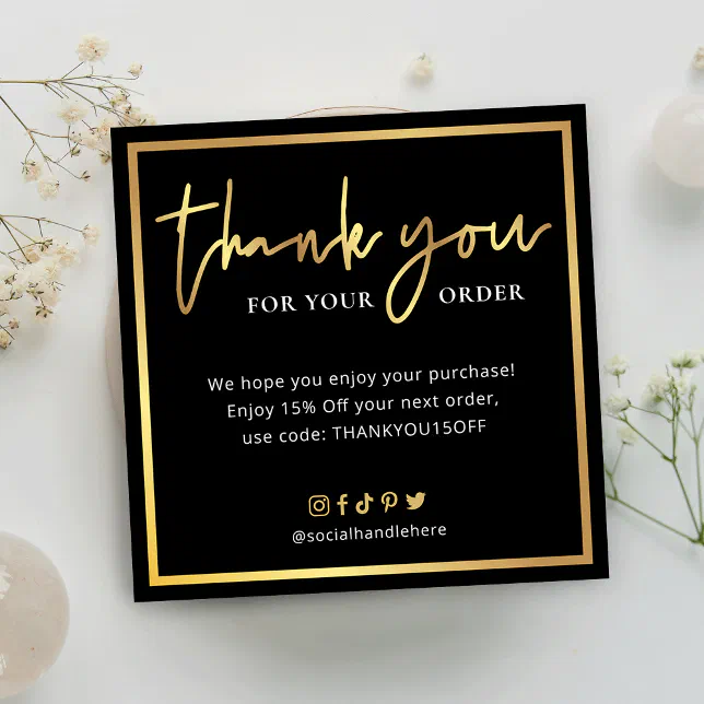Elegant Black & Gold Script Logo Thank You Order Note Card | Zazzle