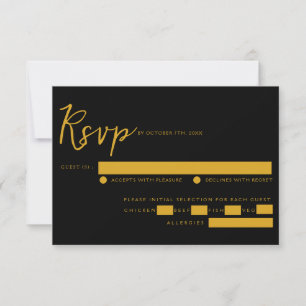 Elegant Black & Gold Script Meal Choice Wedding RSVP Card
