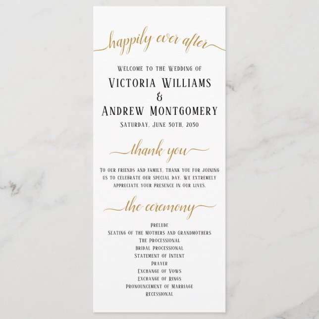 Elegant Black Gold Script Minimal Wedding Ceremony Program (Front)