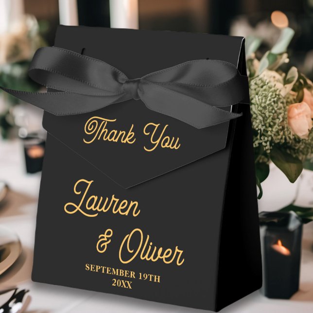 Elegant Black Gold Script Minimalist Wedding Favor Boxes (Creator Uploaded)