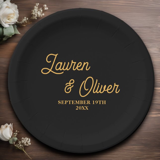 Elegant Black Gold Script Minimalist Wedding Paper Plates (Creator Uploaded)