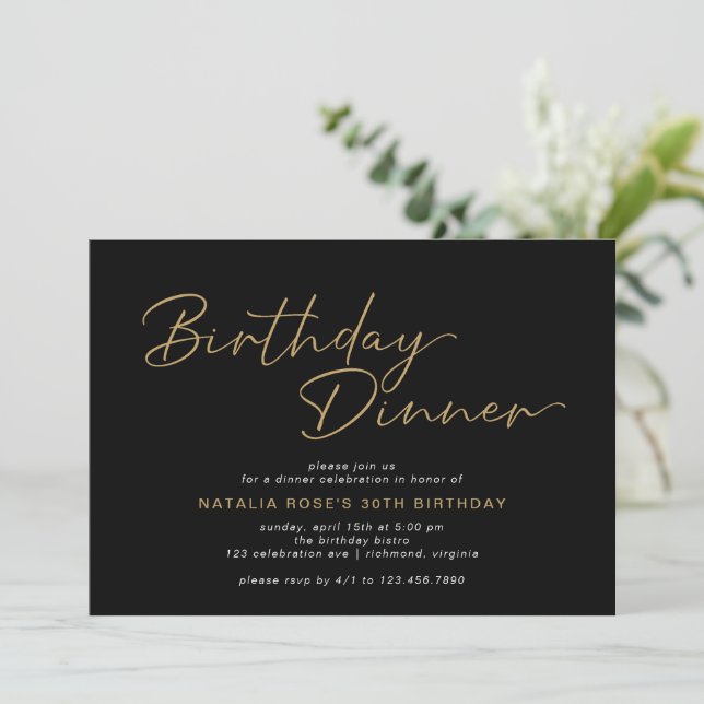 Elegant Black & Gold Script Modern Birthday Dinner Invitation (Standing Front)