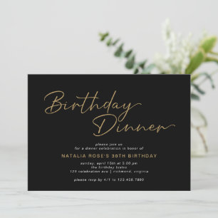 Elegant Black & Gold Script Modern Birthday Dinner Invitation