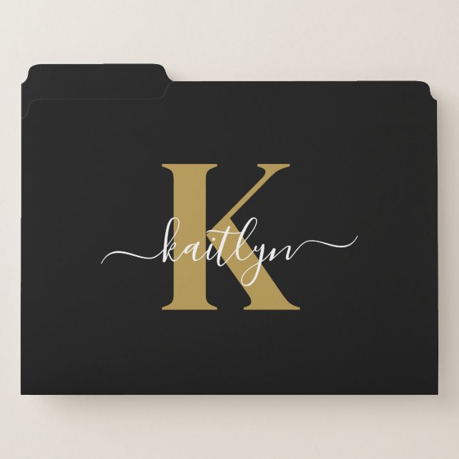 Elegant Black Gold Script Monogram File Folder (Front Left)