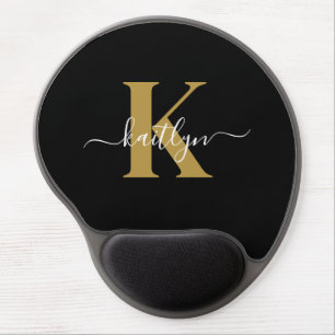 Elegant Black Gold Script Monogram Gel Mouse Pad