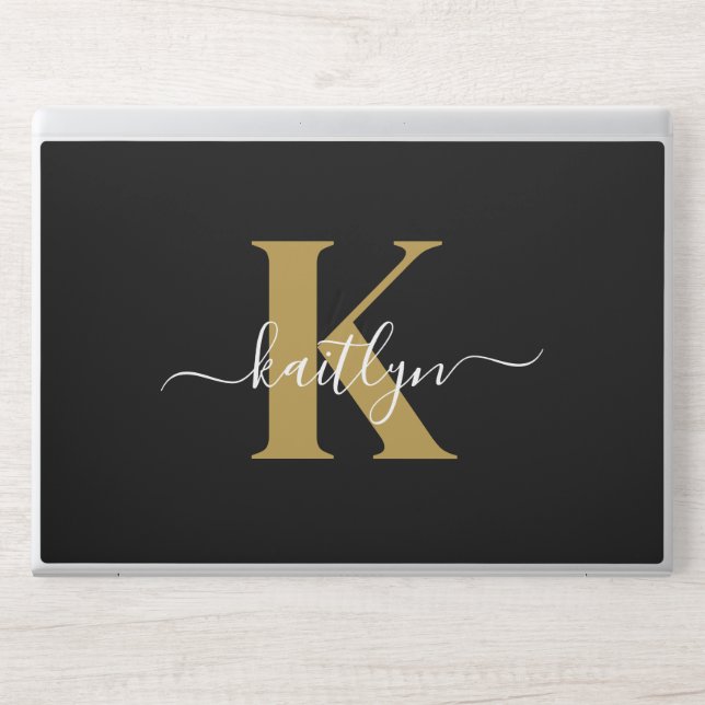 Elegant Black Gold Script Monogram HP Laptop Skin (Front)